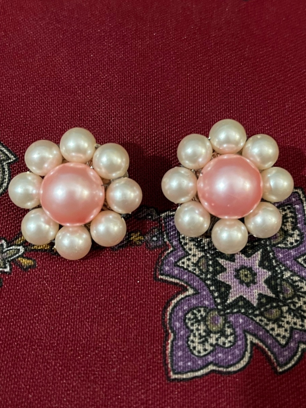 Vintage Marked Japan Pink & Ivory Faux Pearl Flower Clip-On Earrings